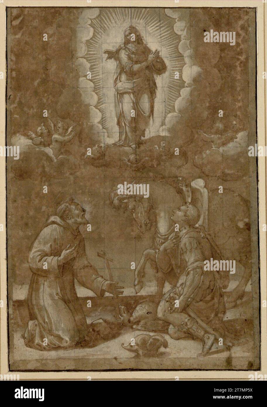 Anonyme la Madone dans la gloire. Saints François et Georg prient la Madone flottant dans la gloire ; à côté de St. Georg son cheval ; le dragon tué sur le fond. Plume ; lavée ; White Grow ; Kreideraster ; papier verdâtre Ende 16. Century Banque D'Images