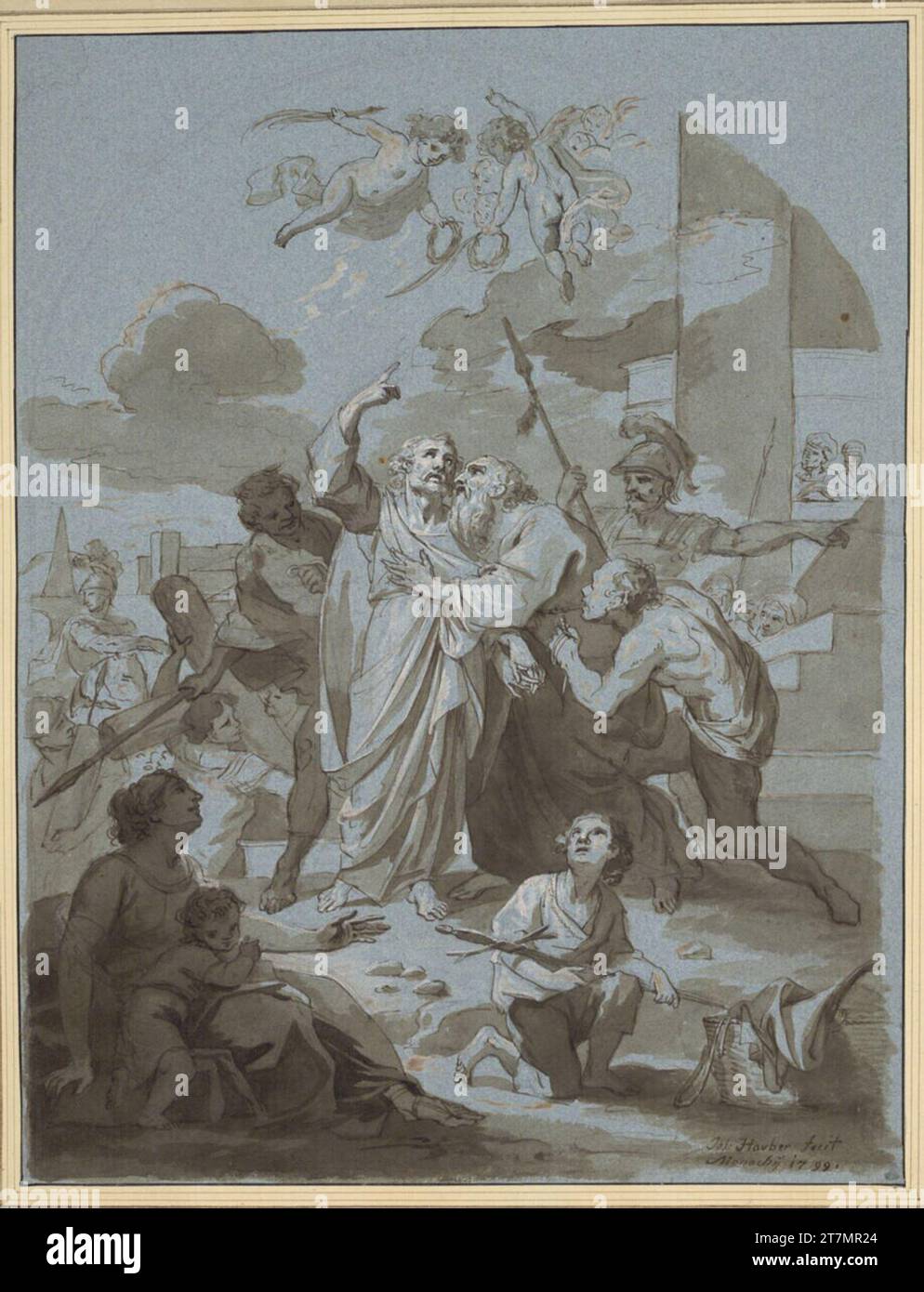 Joseph Hauber adieu aux apôtres Pierre et Paul. Stylo et pinceaux en brun, lavés, avec un pinceau en blanc, sur crayon, sur papier bleu ; ligne de bordure noire 1799 , 1799 Banque D'Images