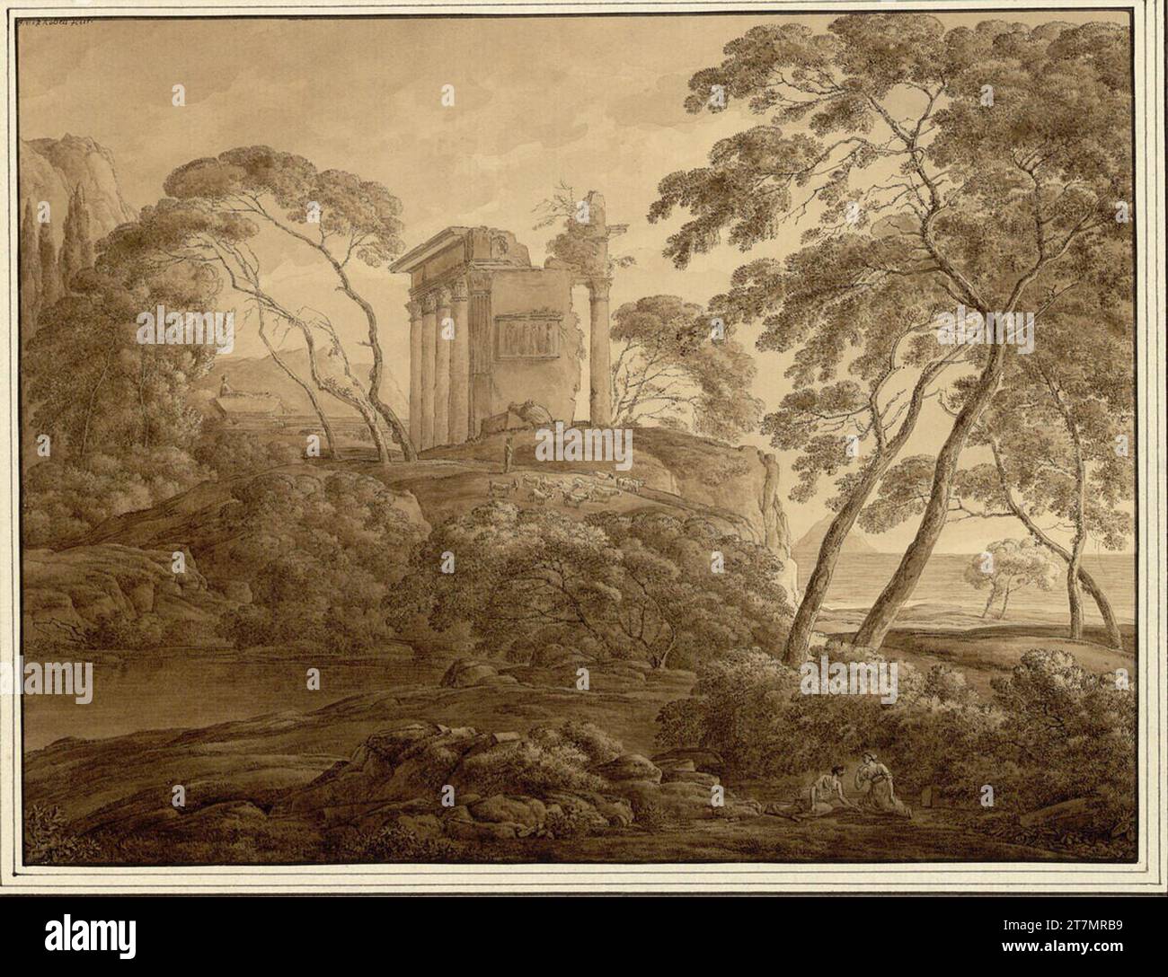Franz Innocenz Josef Kobell paysage arcadien dans la lumière du soir avec une ruine de temple sur un rocher ; bâton de figure. FEDER en noir, pinceau en brun, lavé ; ligne de bordure marron 1800-20, 1800/1820 Banque D'Images