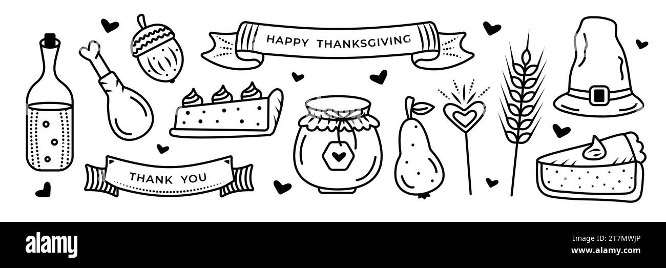 Jeu de doodle de Thanksgiving, illustrations vectorielles en noir et blanc Illustration de Vecteur