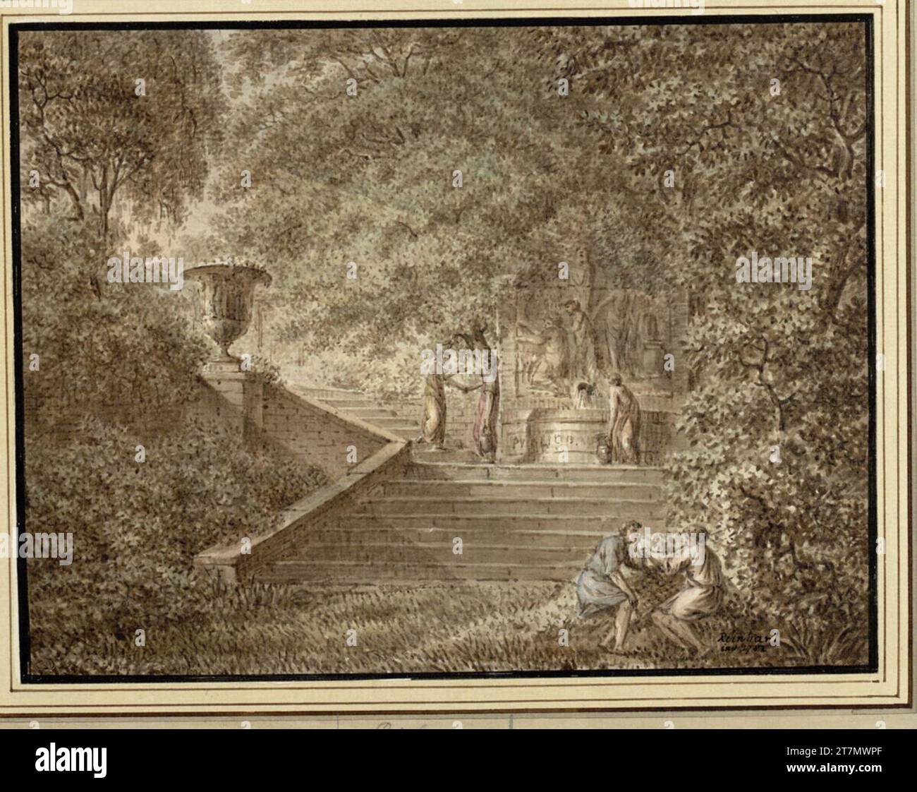 Johann Christian Reinhart Park Paysage avec escalier, fontaine et personnel de figure antique. Pinceau en brun, lavé, aquarelle, sur les traces d'un dessin 1782, 1782 Banque D'Images