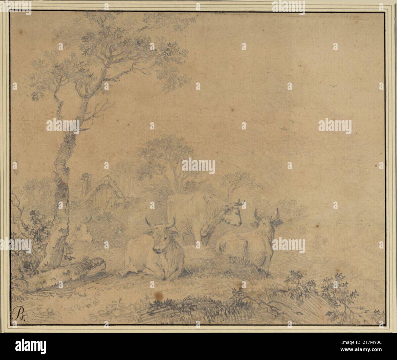 Maria Dorothea Wagner Paysage avec des vaches. Crayon ; ligne de bordure noire Banque D'Images