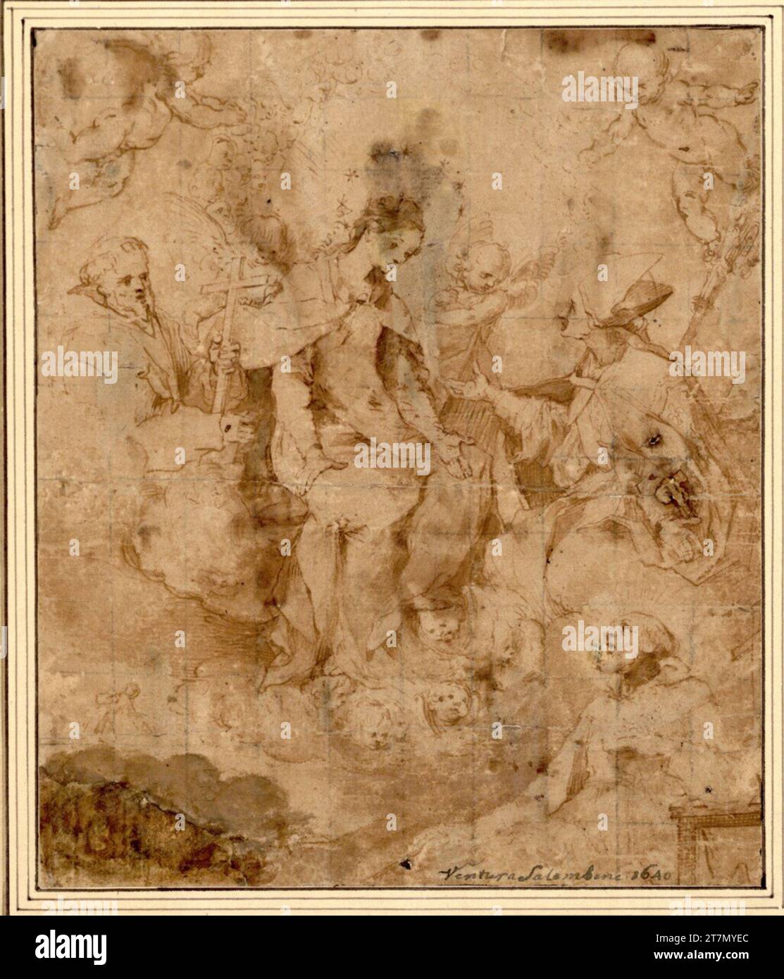 Ventura Salimbeni la reine du ciel dans la gloire des anges sur les nuages. (Il est accompagné d'un évêque sacré et d'un moine, apparaît à un saint assis qui soutient la main gauche sur une table). Plume ; lavée ; équarrissage à vélo ; coin inférieur gauche défini Banque D'Images