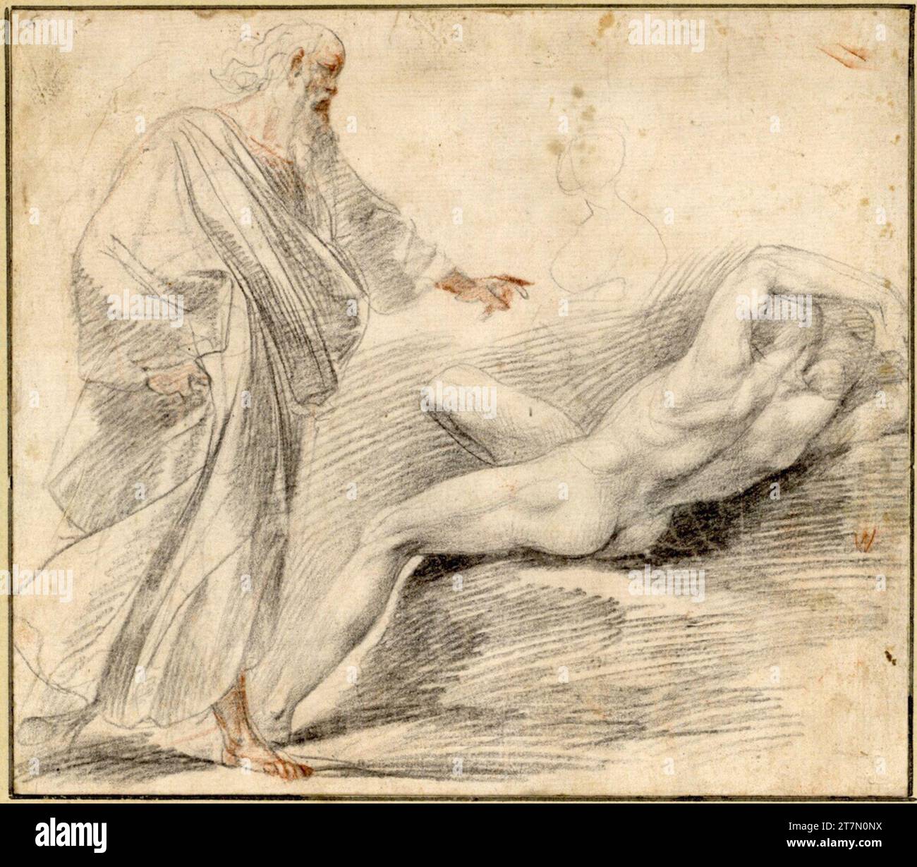 Giuseppe Cesari gen. Cavaliere d'Arpino la création EVAS. (Gottfather marche de la gauche à l'Adam dormant sur une colline ; le haut du corps de l'Eva est indiqué). Craie, rougeâtre Banque D'Images