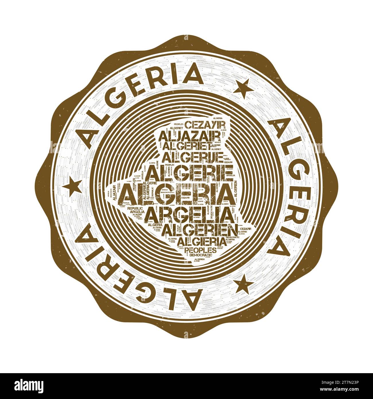 Sceau Algérie. Logo rond de pays avec la forme de l'Algérie et le nom du pays dans plusieurs langues nuage de mots. Emblème génial. Illustration vectorielle étonnante. Illustration de Vecteur