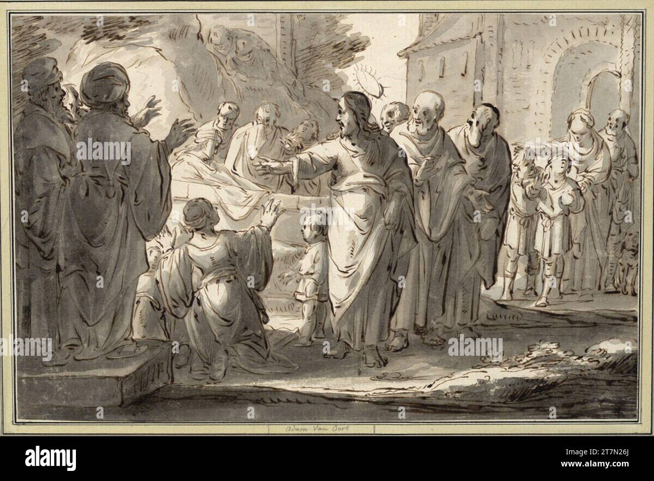 Adam van Noort Christ réveille la jeunesse de Nain. FEDER en brun, gris et brun lavé. Banque D'Images