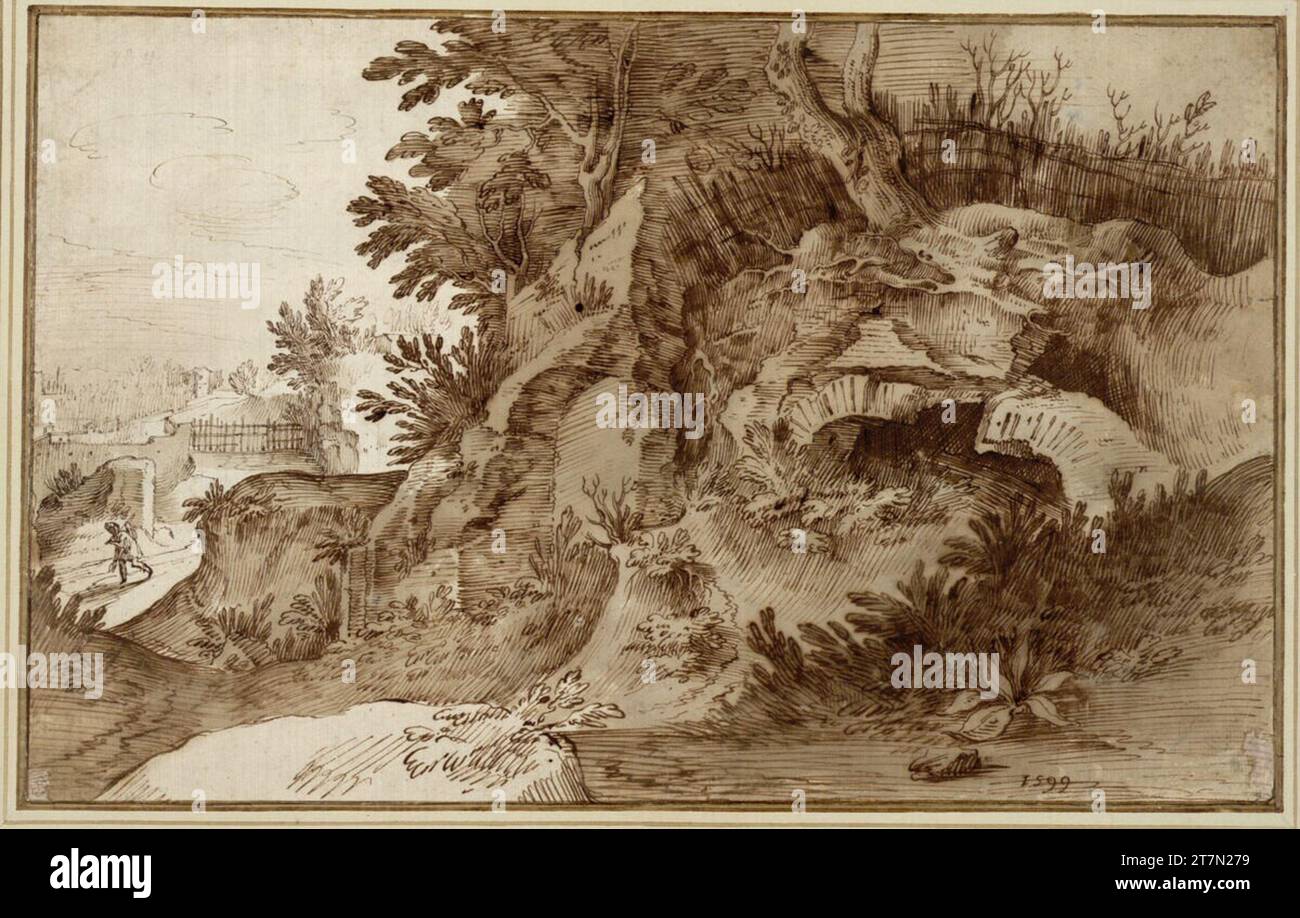 Paul Bril a envahi les ruines. FEDER en brun, lavé 1599 , 1599 Banque D'Images