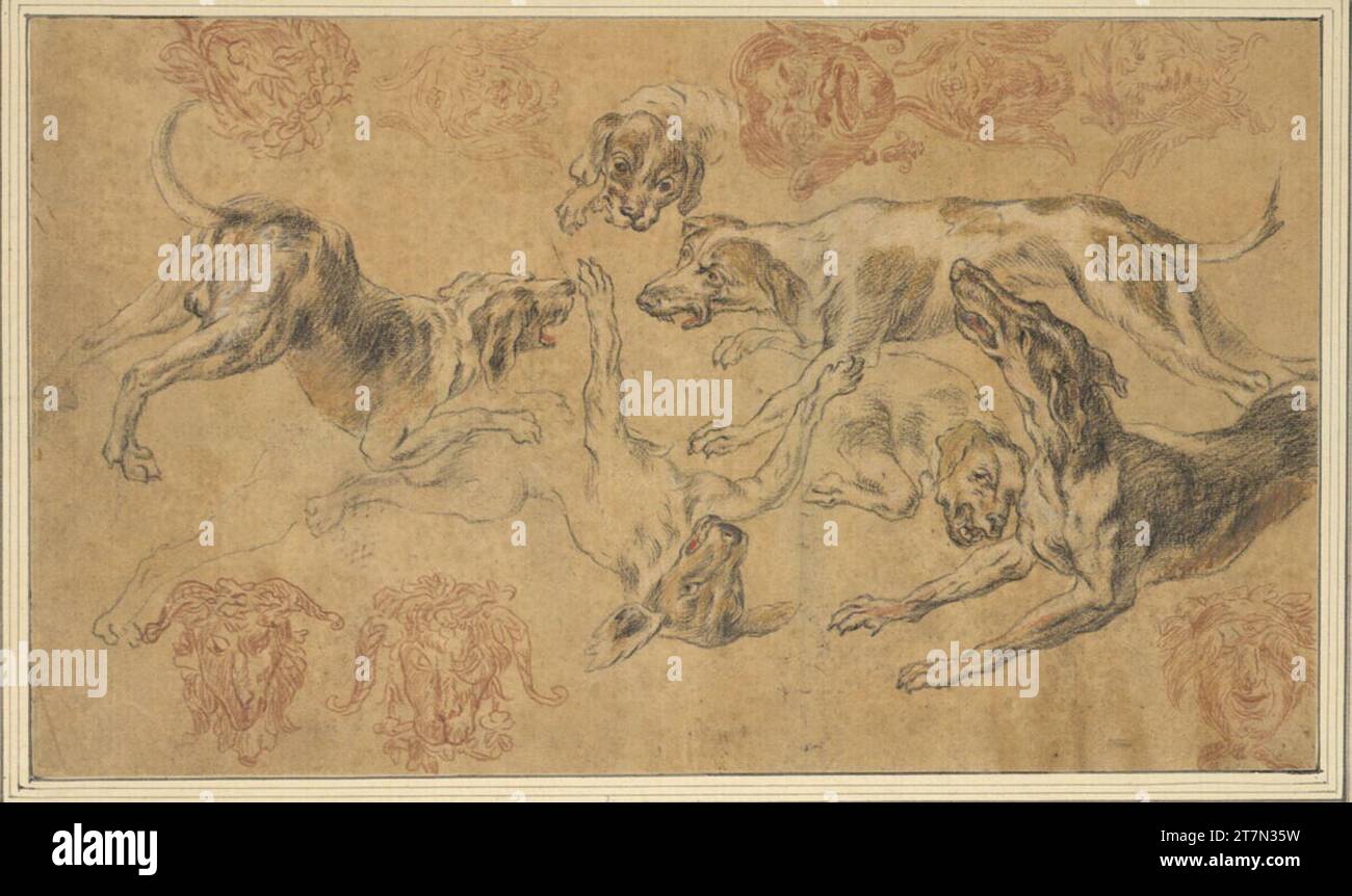Frans Snyders Skizzenblatt avec des études de chiens de chasse et des masques grotesques. Craie noire, ocre, brune et rouge, rehaussée de craie blanche, les masques seulement avec rougeâtre, sur papier teinté jaune. Traces d'un pliage vertical à droite. depuis le milieu. Banque D'Images