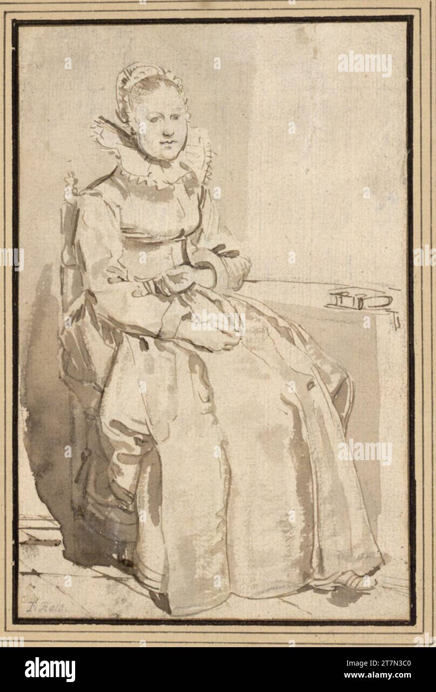 Willem Pietersz. Buytewech femme assise avec une capuche et un col debout, à côté d'elle un livret sur la table. FEDER en brun, gris -brun lavé, sur craie noire. Banque D'Images