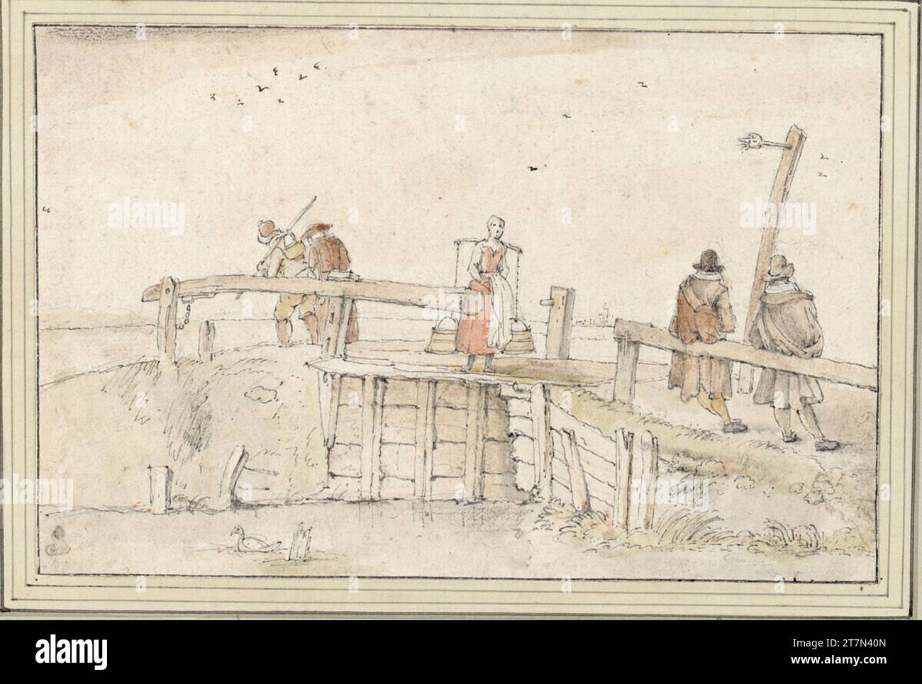 Hendrick Avercamp Pont en bois avec porteur de lait et voyageurs. FEDER en gris, aquarelle, sur craie noire. Banque D'Images