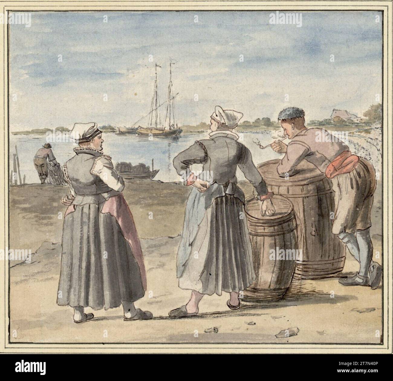 Hendrick Avercamp Une femme et deux pêcheurs avec des tonneaux devant une baie. FEDER en brun, aquarelle, sur crayon graphite. Banque D'Images