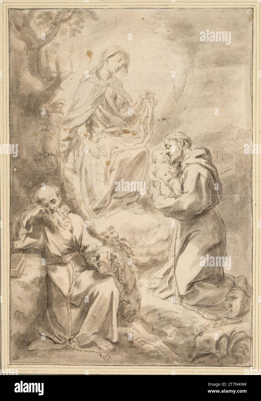 Anthonis van Dyck Maria avec St. François, qui tient l’enfant de Jésus dans ses bras. Stylo et pinceaux en brun, brun et gris -brun, sur crayon graphite. Trace d'un pliage horizontal ; taches brun clair, surtout dans la région de la Madone. Banque D'Images