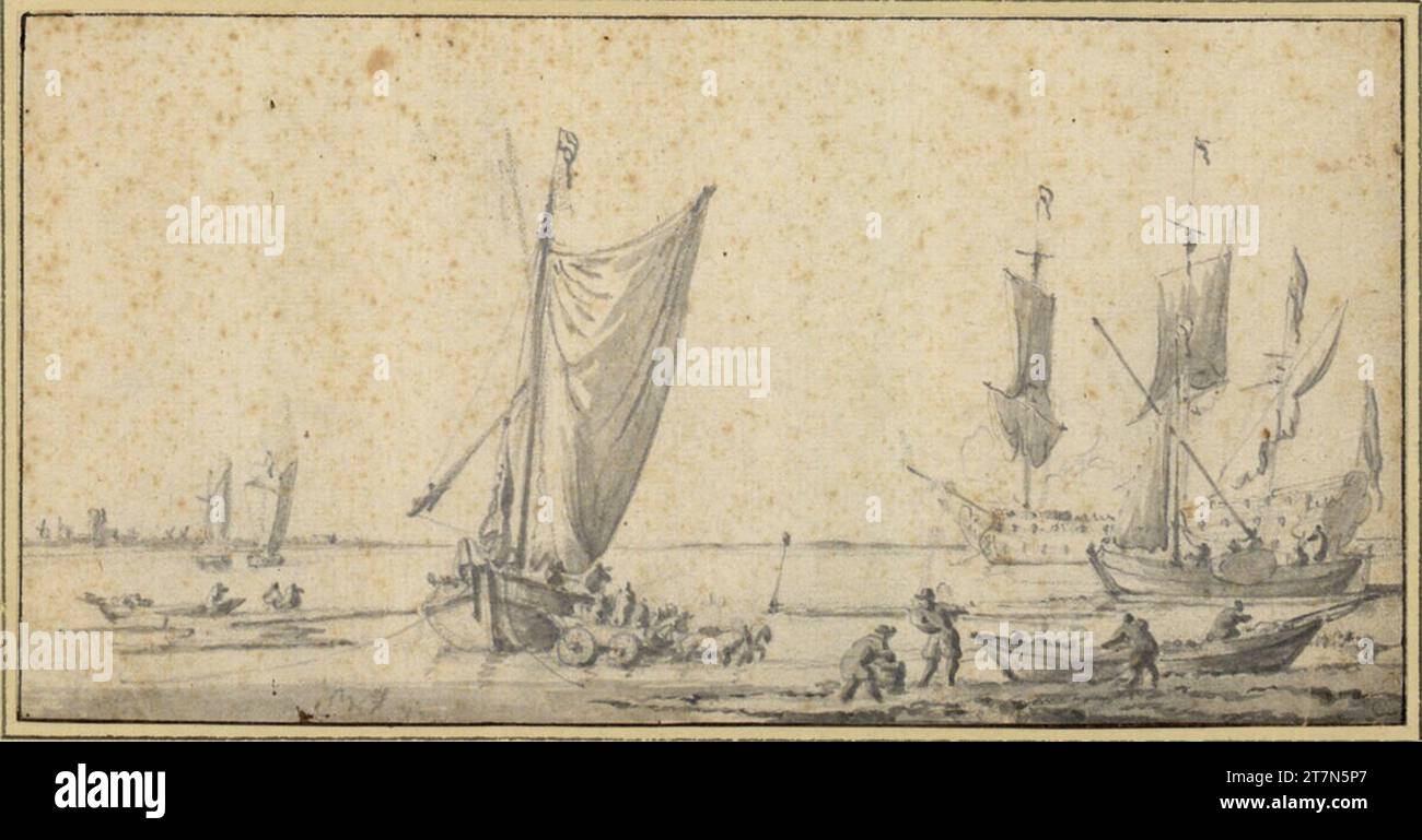 Ludolf Bakhuizen décharge d'un bateau sur la plage, bateaux et navire de guerre ancré en arrière-plan. Crayon graphite, gris lavé. Pli - coloré. Banque D'Images