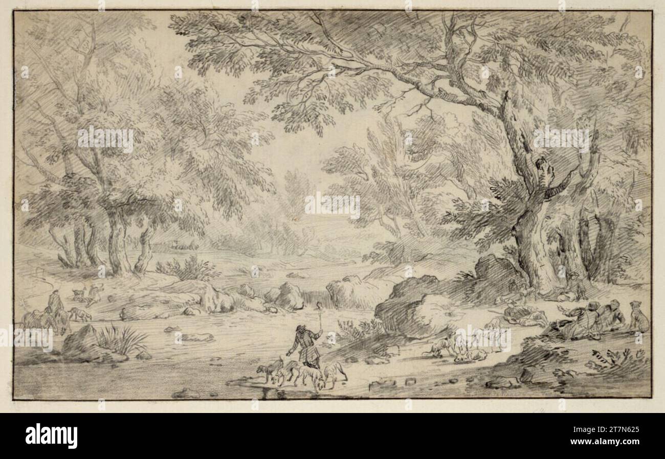 Jan van der Vinne vue sur la forêt avec ford et chasseurs au repos. Craie noire Banque D'Images