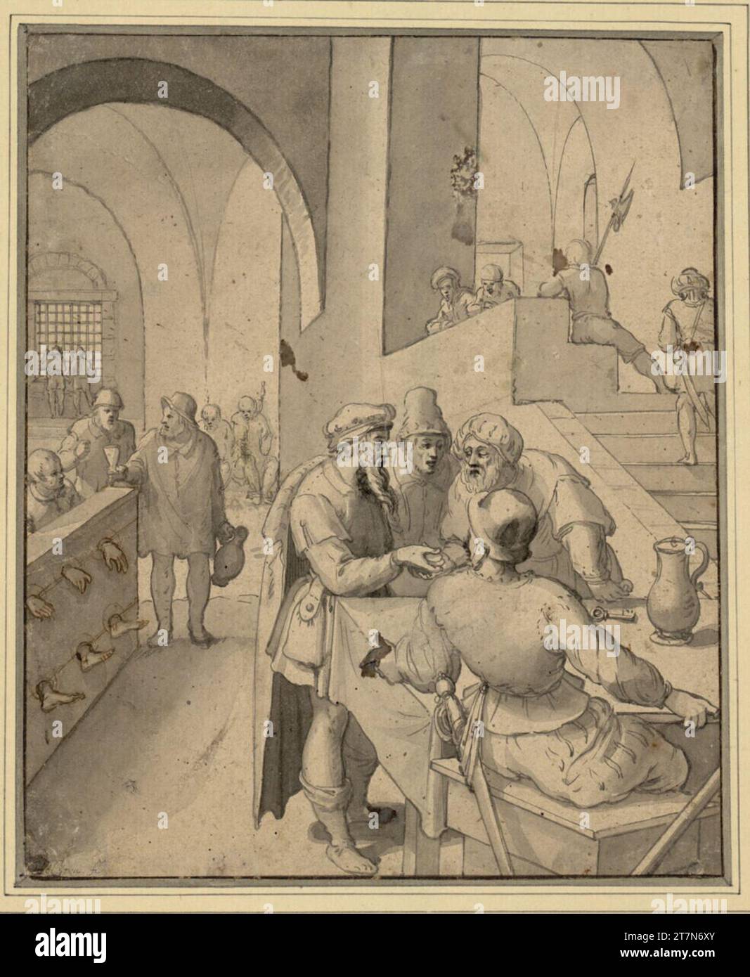 Visite du camping Cornelis Holsteyn (une des sept œuvres de miséricorde). Brosse en gris et gris noir, gris lavé, dans les endroits avec une plume en brun. Banque D'Images