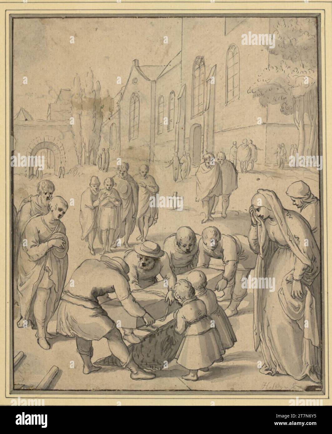 Enterrement de Cornelis Holsteyn dans un cimetière (une des sept œuvres de miséricorde). Brosse en gris et noir gris, gris -lavée Banque D'Images