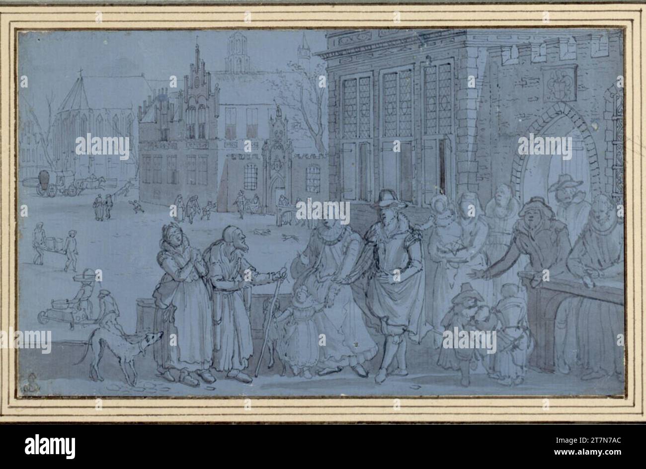 David Vinckboons famille Noble adressée par une paire de mendiants devant leur écluse de la ville. FEDER en gris, gris et rougeâtre lavé, sur papier apprêté avec de la peinture de couverture bleu clair ; lettrage : Graphitstift Banque D'Images
