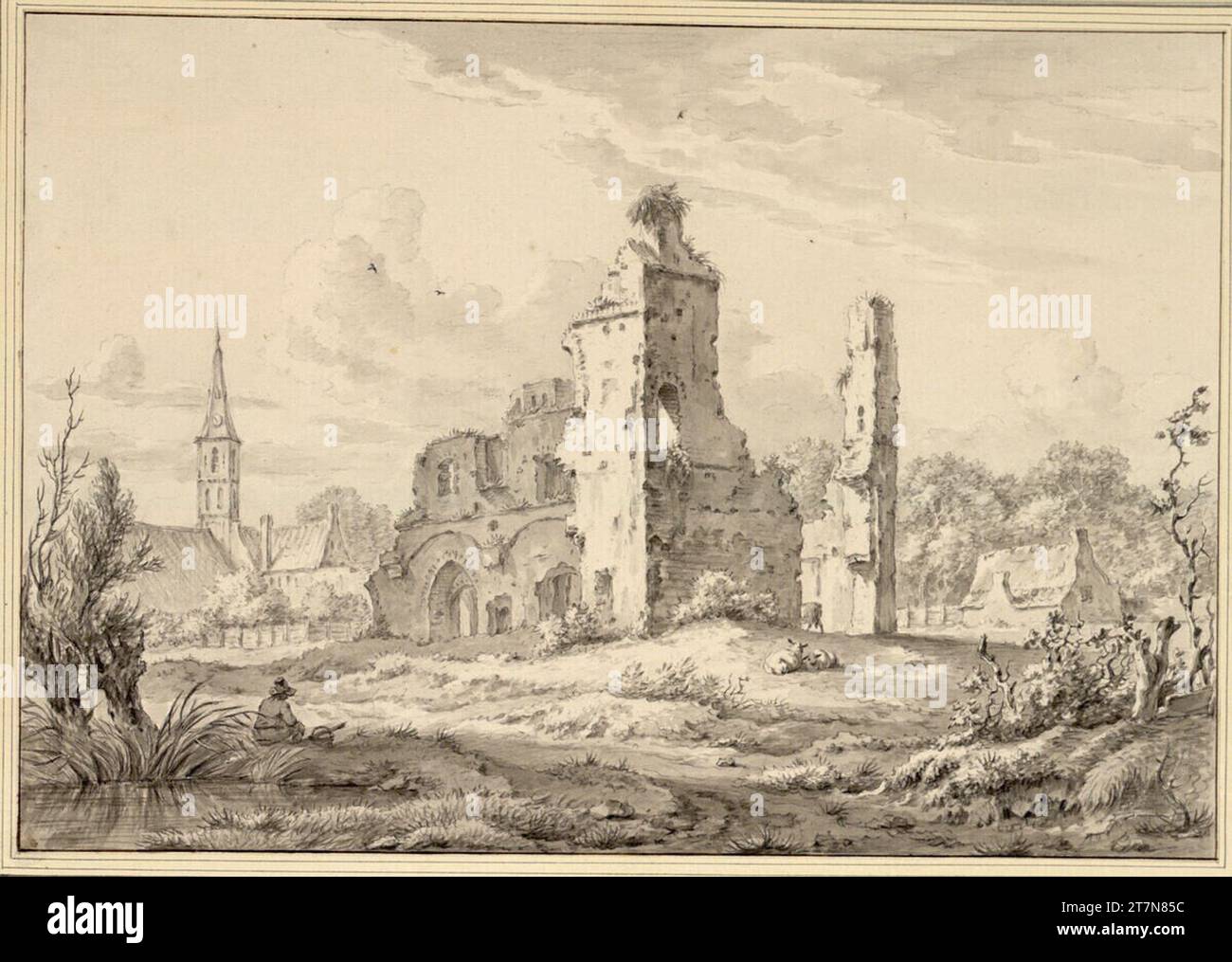 Carel Lodewijk Hansen les ruines de l'abbaye de Rijnsburg. Craie noire, pinceau en gris, gris. Banque D'Images