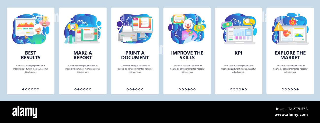 Écrans d'intégration des applications mobiles. Présentation financière, graphiques d'affaires, KPI, part de marché, éducation commerciale. Modèle de bannière de vecteur de menu pour le site Web Illustration de Vecteur