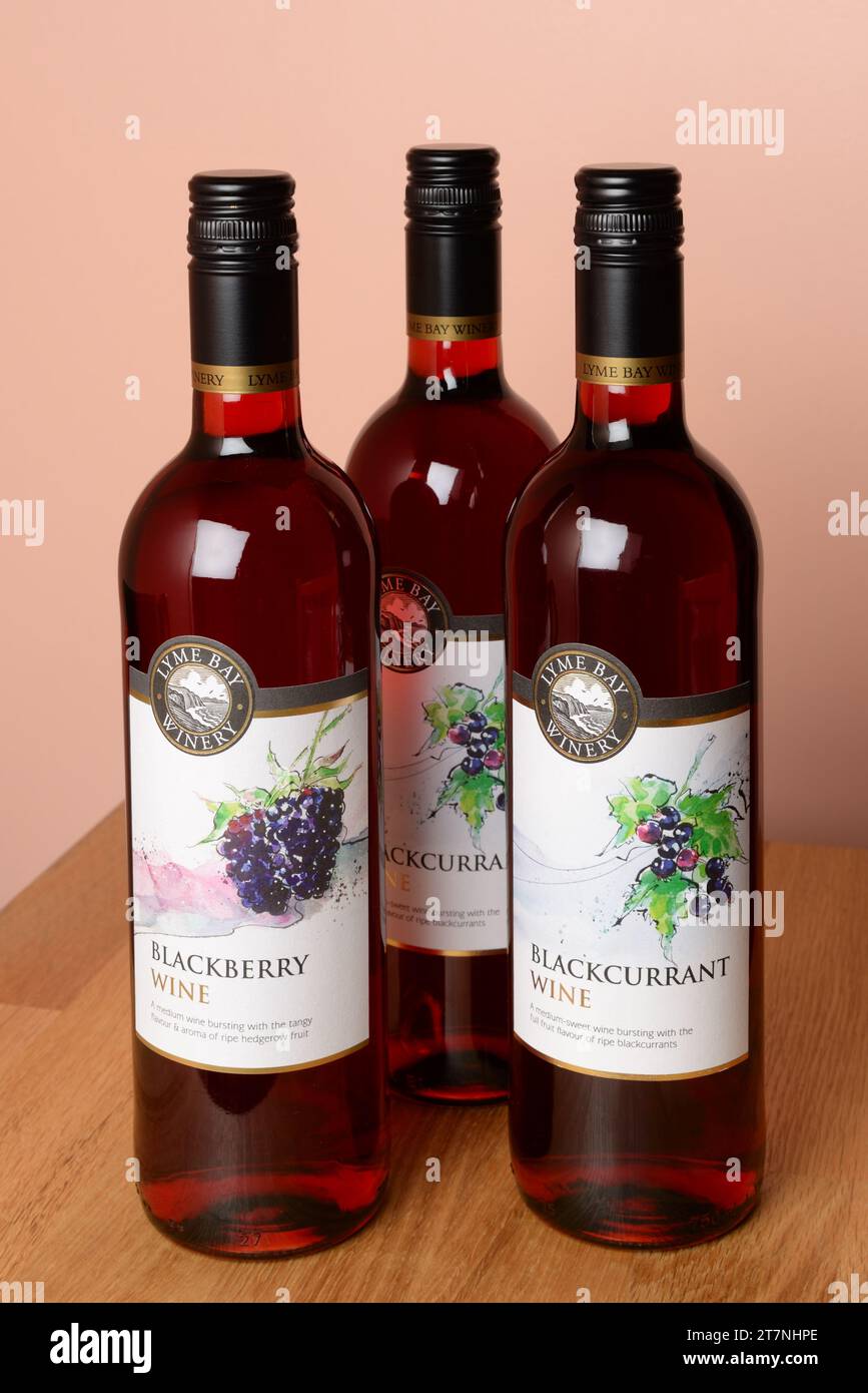 Trois bouteilles de vin de mûre de Lyme Bay Winery. Banque D'Images