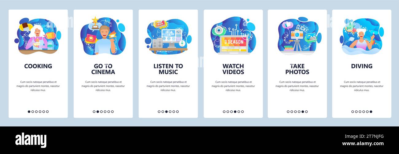 Écrans d'intégration des applications mobiles. Loisirs et activités, regarder des séries tv, cuisiner, écouter de la musique, aller au cinéma. Modèle de bannière de vecteur de menu pour W Illustration de Vecteur