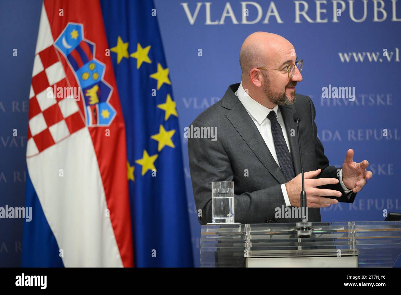 Zagreb, Croatie. 16 novembre 2023. Le président du Conseil européen, Charles Michel, prend la parole lors d'une conférence de presse avant la réunion des dirigeants de l'UE à Zagreb, Croatie, le 16 novembre 2023. Photo : Davor Puklavec/PIXSELL crédit : Pixsell/Alamy Live News Banque D'Images