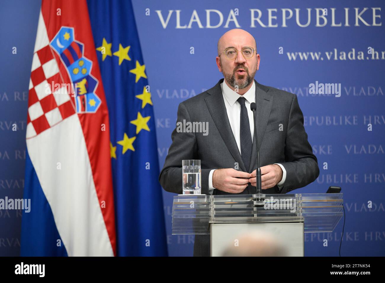 Zagreb, Croatie. 16 novembre 2023. Le président du Conseil européen, Charles Michel, prend la parole lors d'une conférence de presse avant la réunion des dirigeants de l'UE à Zagreb, Croatie, le 16 novembre 2023. Photo : Davor Puklavec/PIXSELL crédit : Pixsell/Alamy Live News Banque D'Images