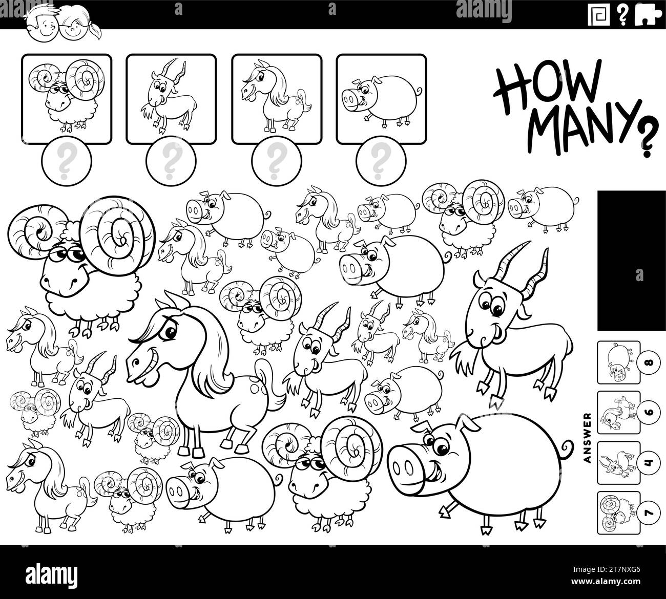 Illustration en noir et blanc de l'activité éducative de comptage avec la page à colorier des personnages d'animaux de ferme de dessin animé Illustration de Vecteur