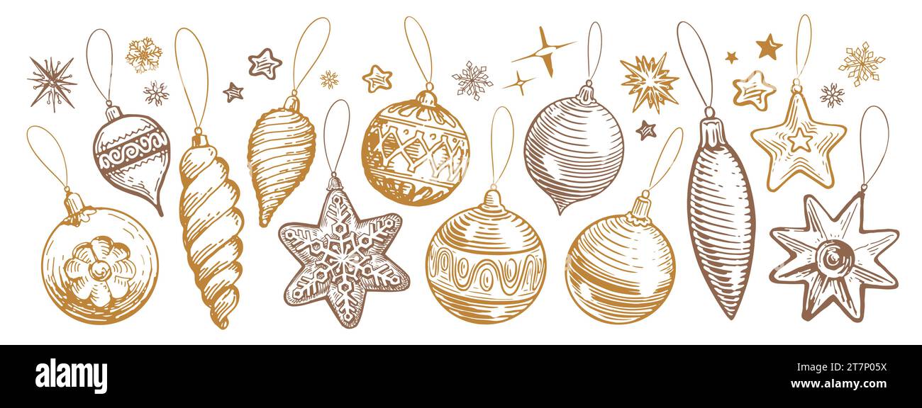 Éléments de conception de Noël, ensemble vectoriel. Décorations de vacances, boules et boules. Illustration vintage Illustration de Vecteur