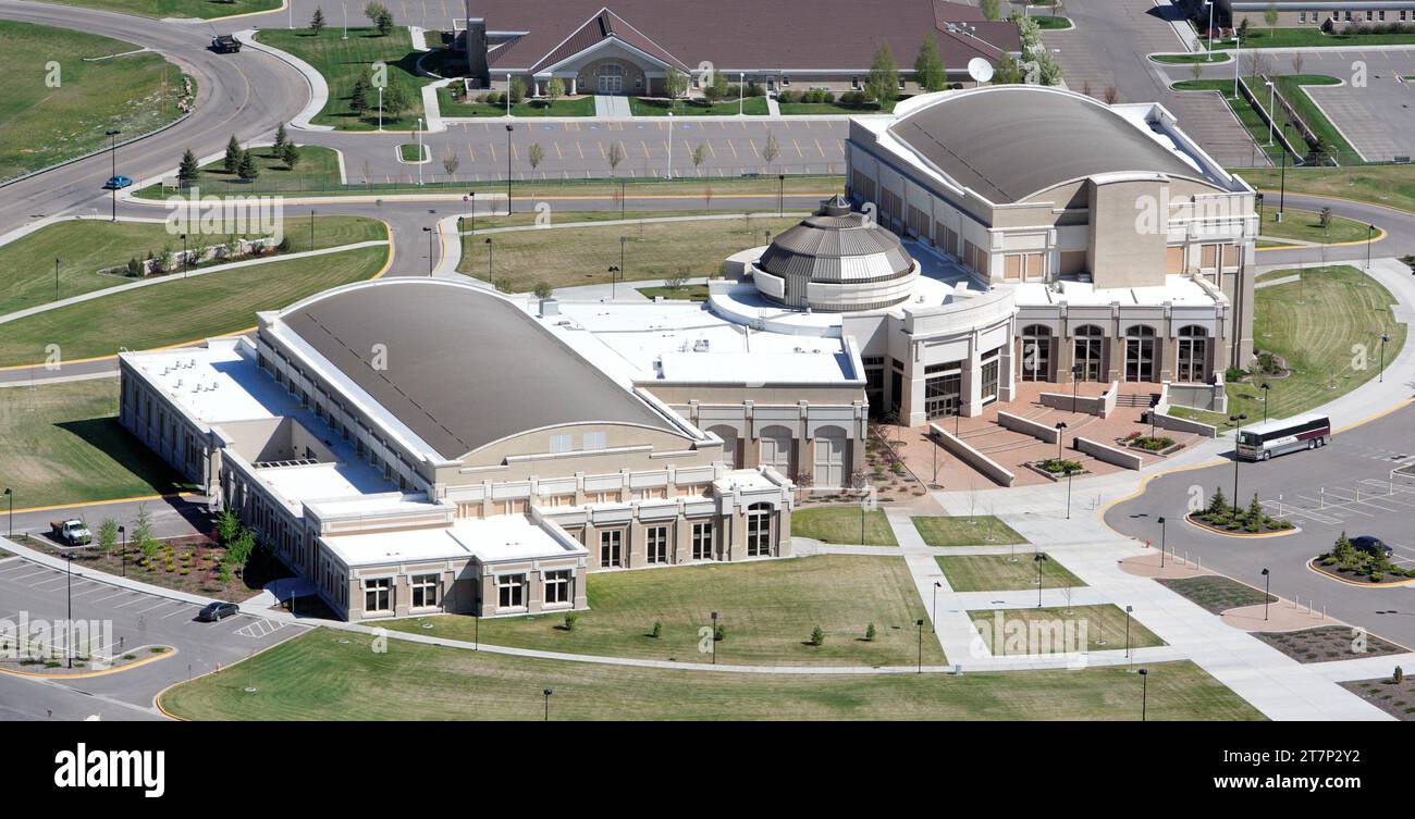 Une vue aérienne du Stephens Performing Arts Center sur le campus de l'Université d'État de l'Idaho à Pocatello, Idaho. Banque D'Images