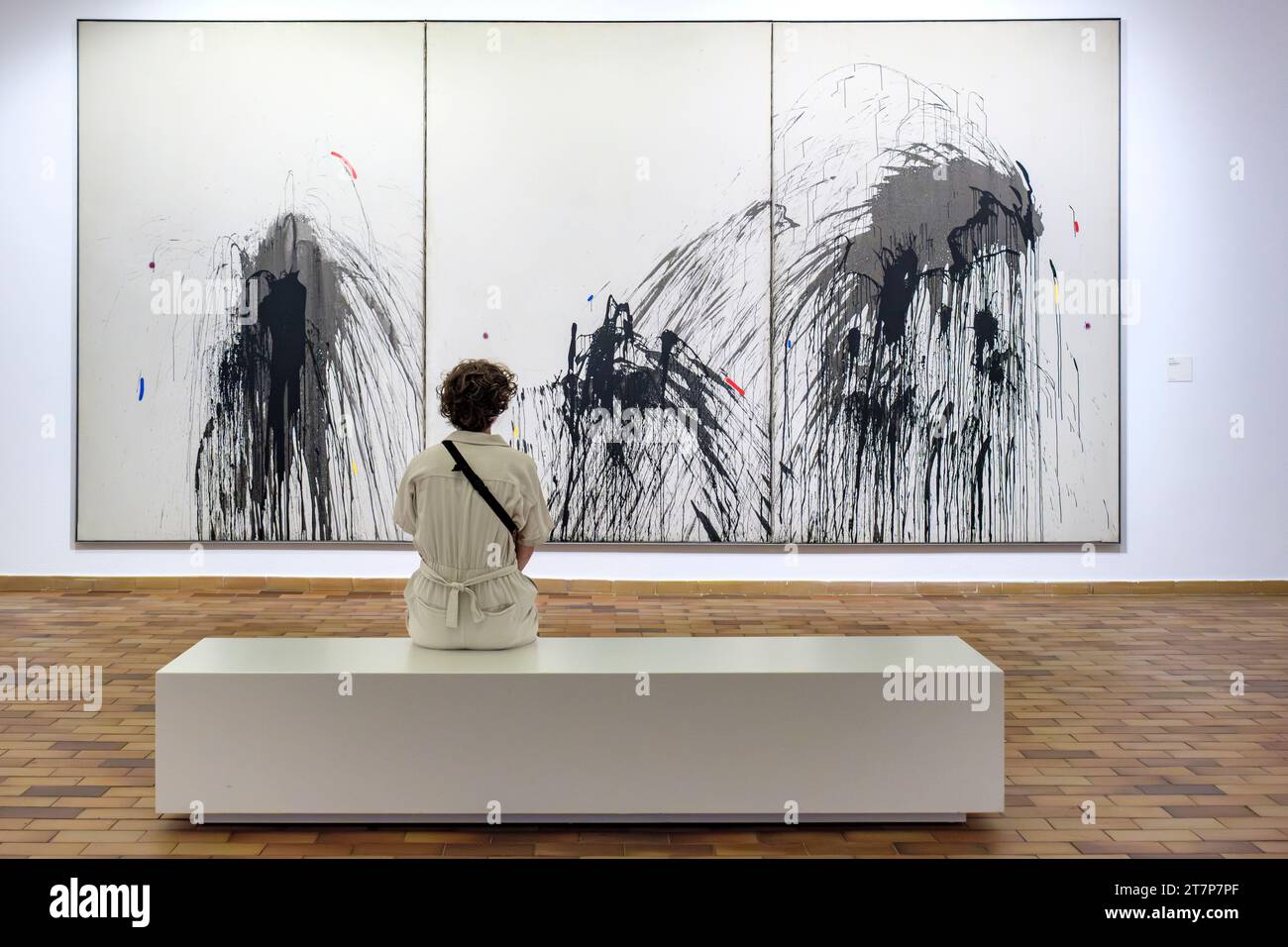 Visiteur du musée d'art, Joan Miró artiste triptyque peinture, feux d'artifice I, feux d'artifice II et III peintures, Fundació Joan Miró, Barcelone, Catalogne, Espagne Banque D'Images