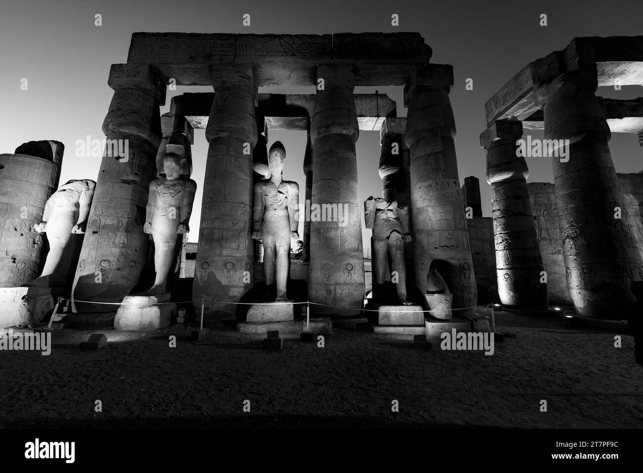 Vue nocturne des statues colonnes et hiéroglyphes du Trésor archéologique et de la destination touristique du temple de Louxor illuminé la nuit Banque D'Images