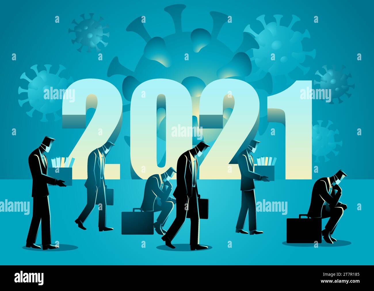 Illustration vectorielle du symbole de l'année 2021 avec des gens d'affaires ayant perdu leur emploi en raison du coronavirus Covid-19 Illustration de Vecteur