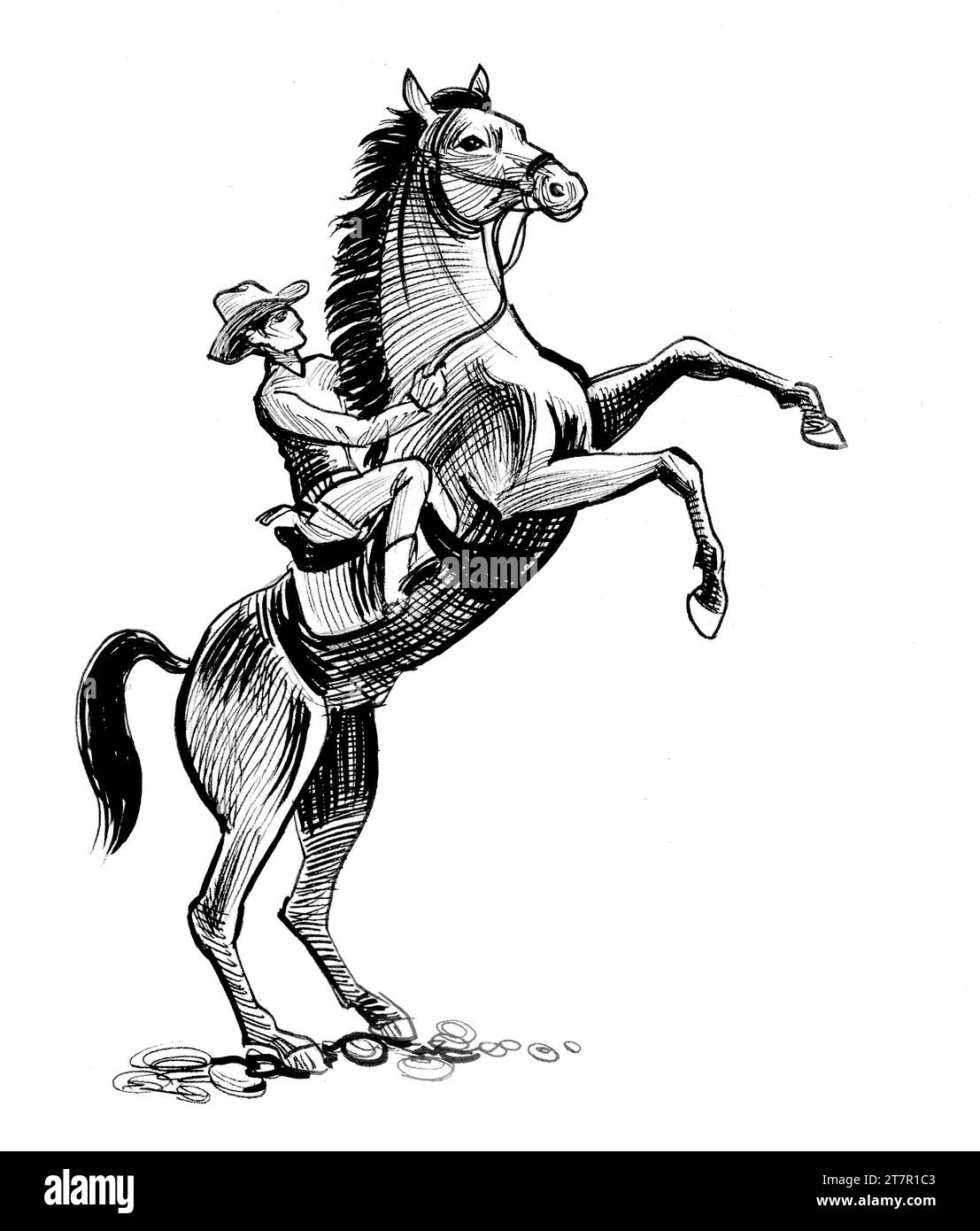 Cow-boy à cheval. Encre dessinée à la main noir et blanc Banque D'Images