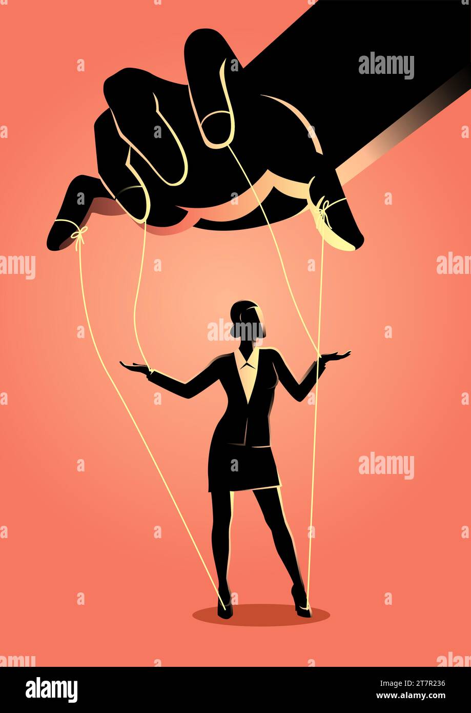 Illustration de concept d'entreprise d'une femme d'affaires étant contrôlée par le maître de marionnettes Illustration de Vecteur