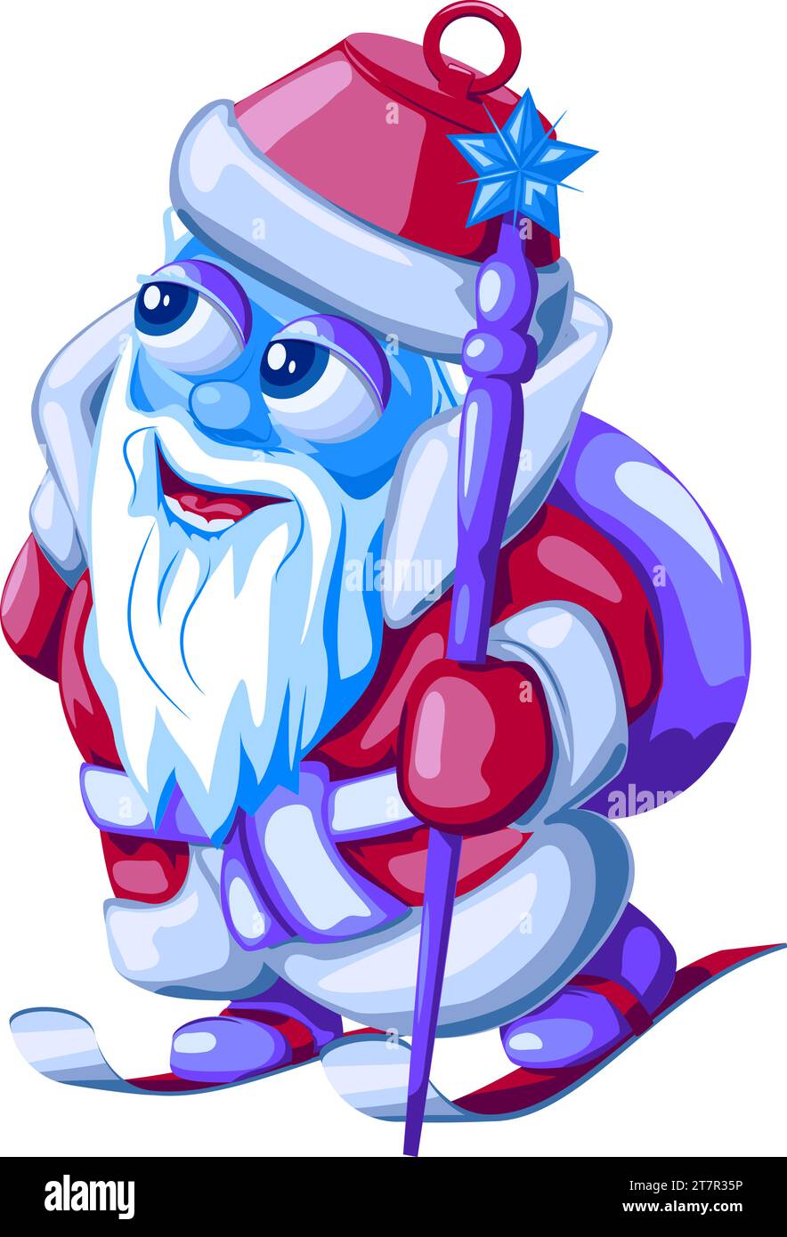 Sapin de Noël jouet Père Noël sur skis avec sac de cadeaux et personnel. Illustration vectorielle du jouet du nouvel an Père Noël (Ded Moroz) sur des skis en dessin animé Illustration de Vecteur