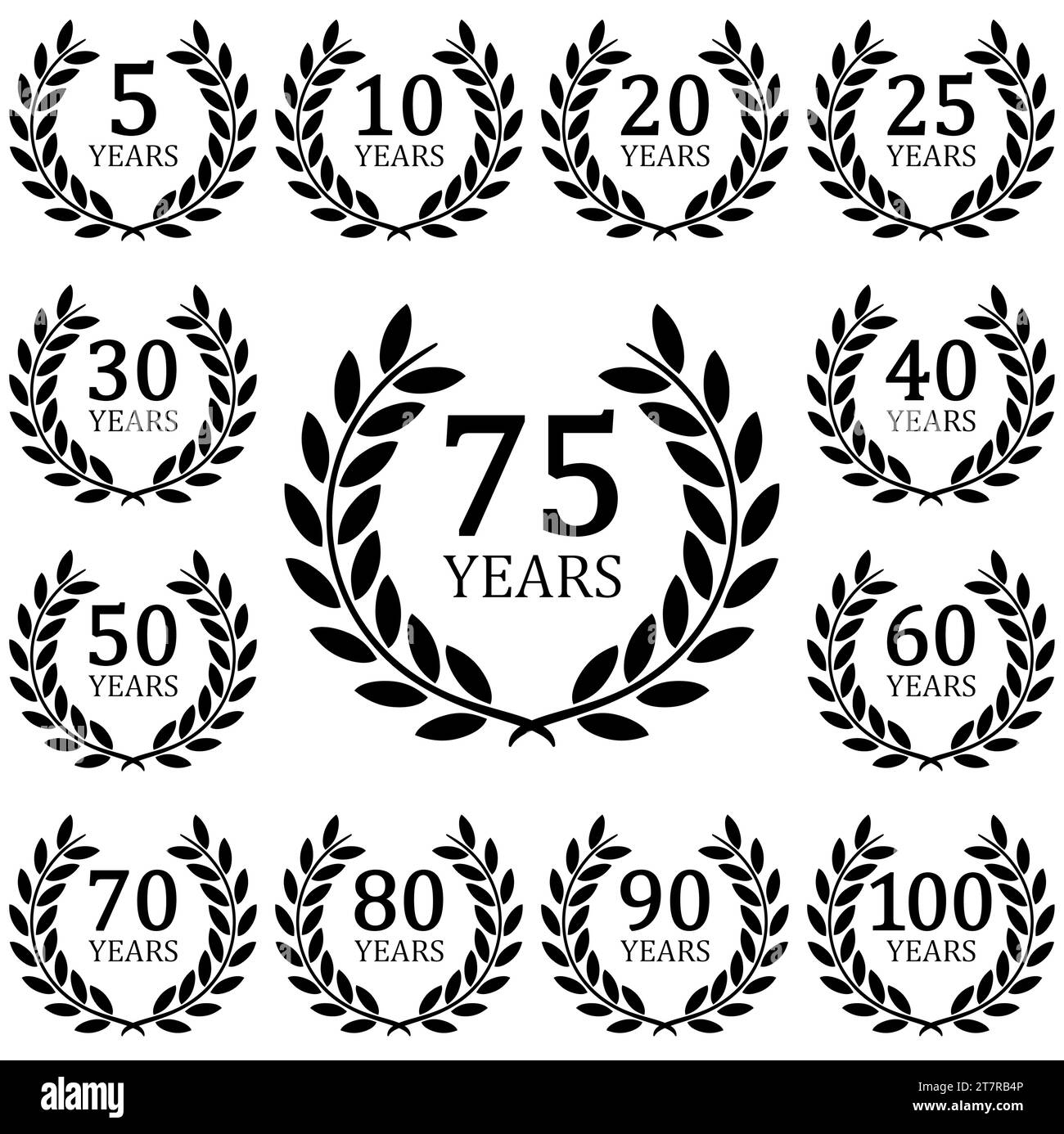 fichier vectoriel eps avec collection de couronne de laurier noir sur fond blanc pour le succès ou jubilé ferme avec texte de 5 à 100 ans Illustration de Vecteur