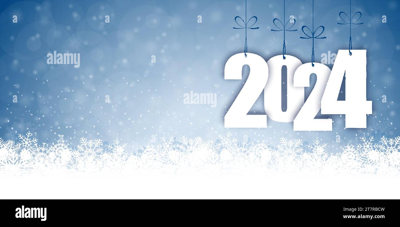 EPS 10 Panorama bannière arrière avec chute de neige, effets de lumière et salutations pour noël et nouvel an 2024 Illustration de Vecteur