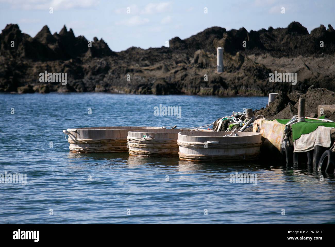 Un tarai-bune, ou bateau tourné vers la baignoire, est un bateau de pêche japonais traditionnel que l'on trouve principalement sur l'île de Sado dans la préfecture de Niigata, au Japon. Banque D'Images