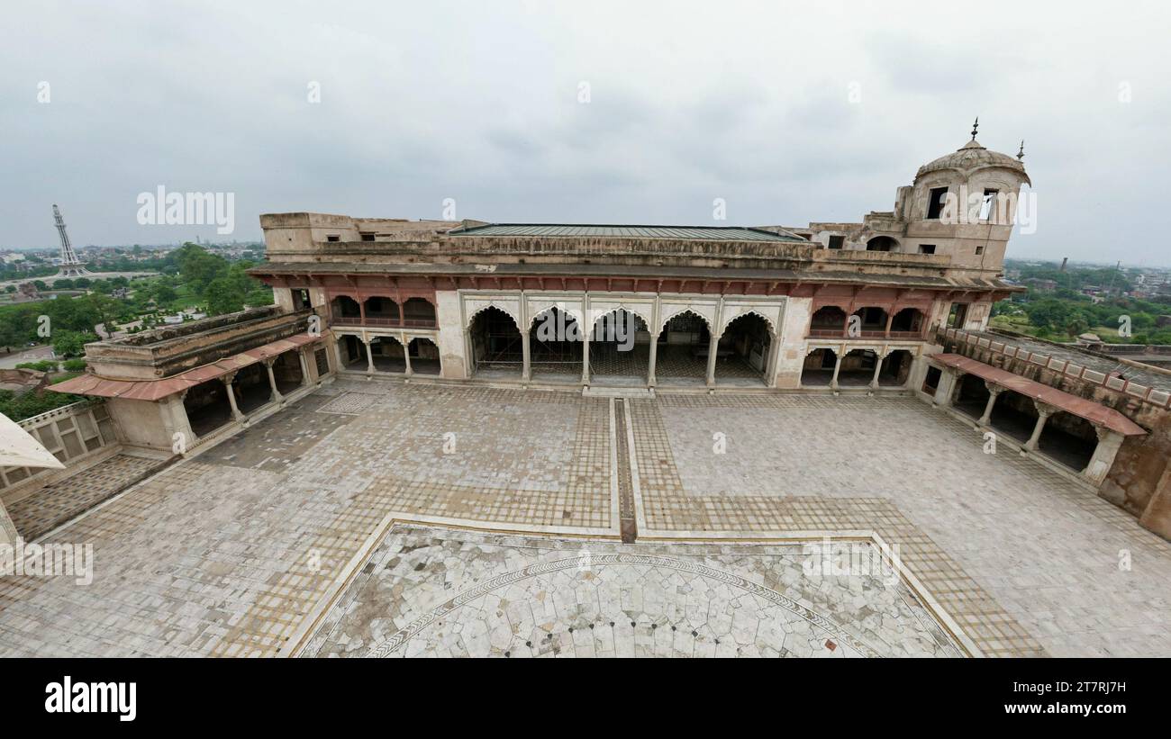 Sheesh Mahal (fort de Lahore) vue aérienne panoramique à 360 degrés. Banque D'Images