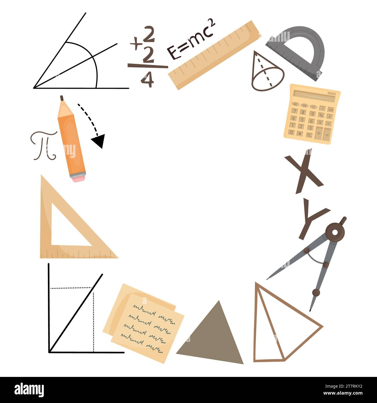 Illustration de retour à l'école. Fournitures mathématiques ensemble de cliparts de cadre, formation de fond, Illustration du laboratoire. sciences, apprendre les mathématiques Banque D'Images