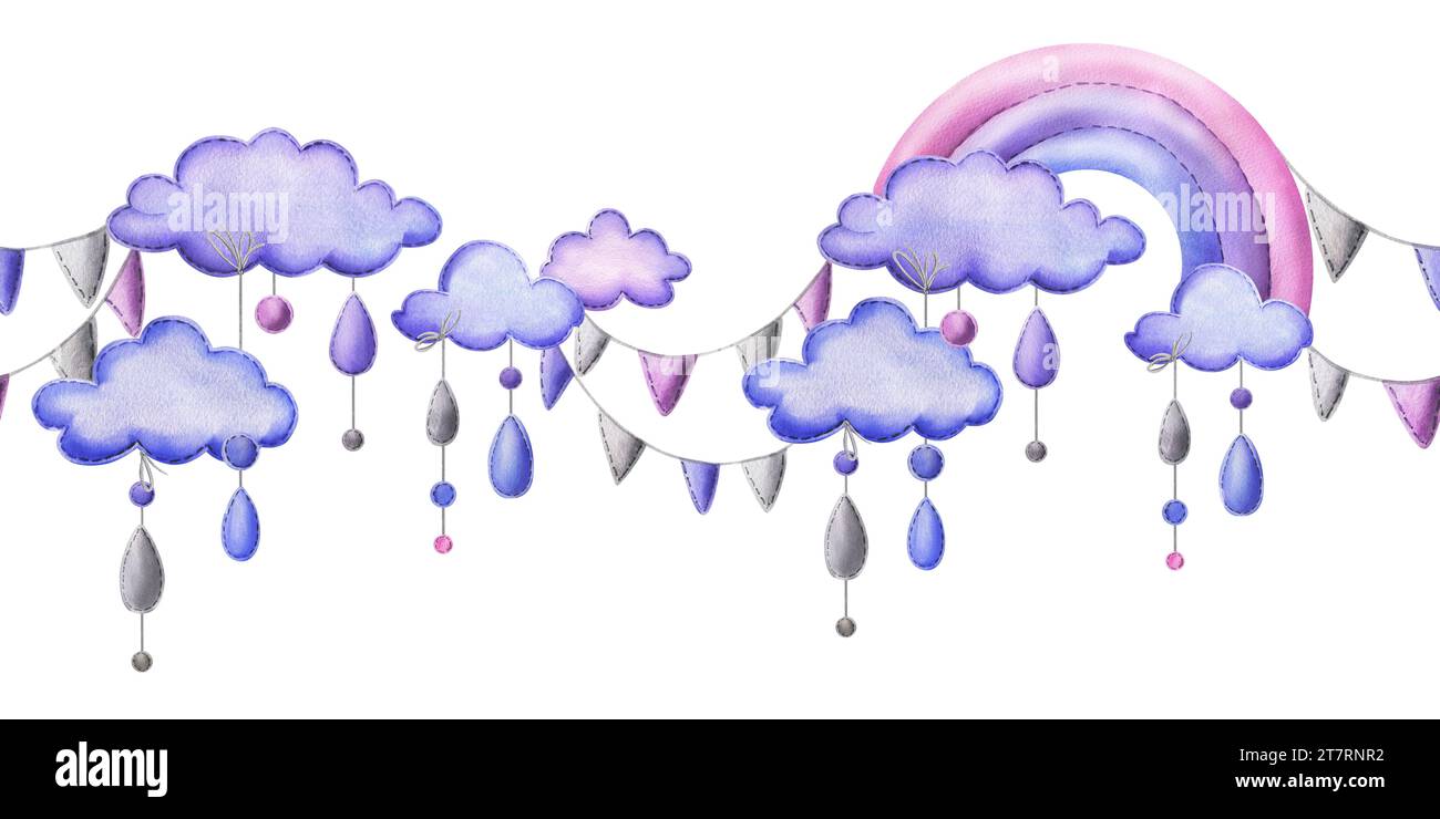 Un arc-en-ciel cousu avec des nuages et des gouttes de pluie suspendus à des cordes en bleu, violet et rose. Illustration de l'aquarelle dessinée à la main mignonne enfantin. Sans couture Banque D'Images