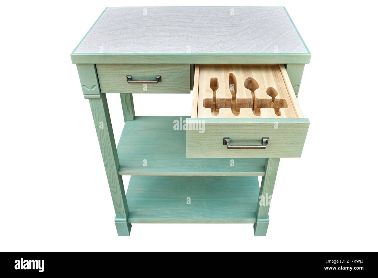 Supports en bois craqués pour couverts dans le tiroir ouvert de table de service isolé sur fond blanc. Dispositif confortable unique pour garder les ustensiles Banque D'Images