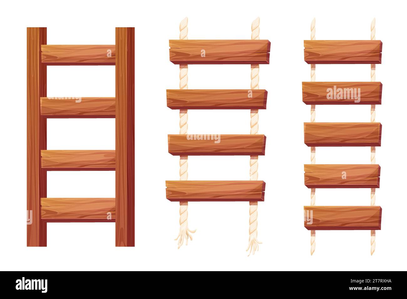 Set échelle en bois avec corde, planches suspendues, escalier dans le style de bande dessinée isolé sur fond blanc, pont, route de jeu. Illustration vectorielle Illustration de Vecteur