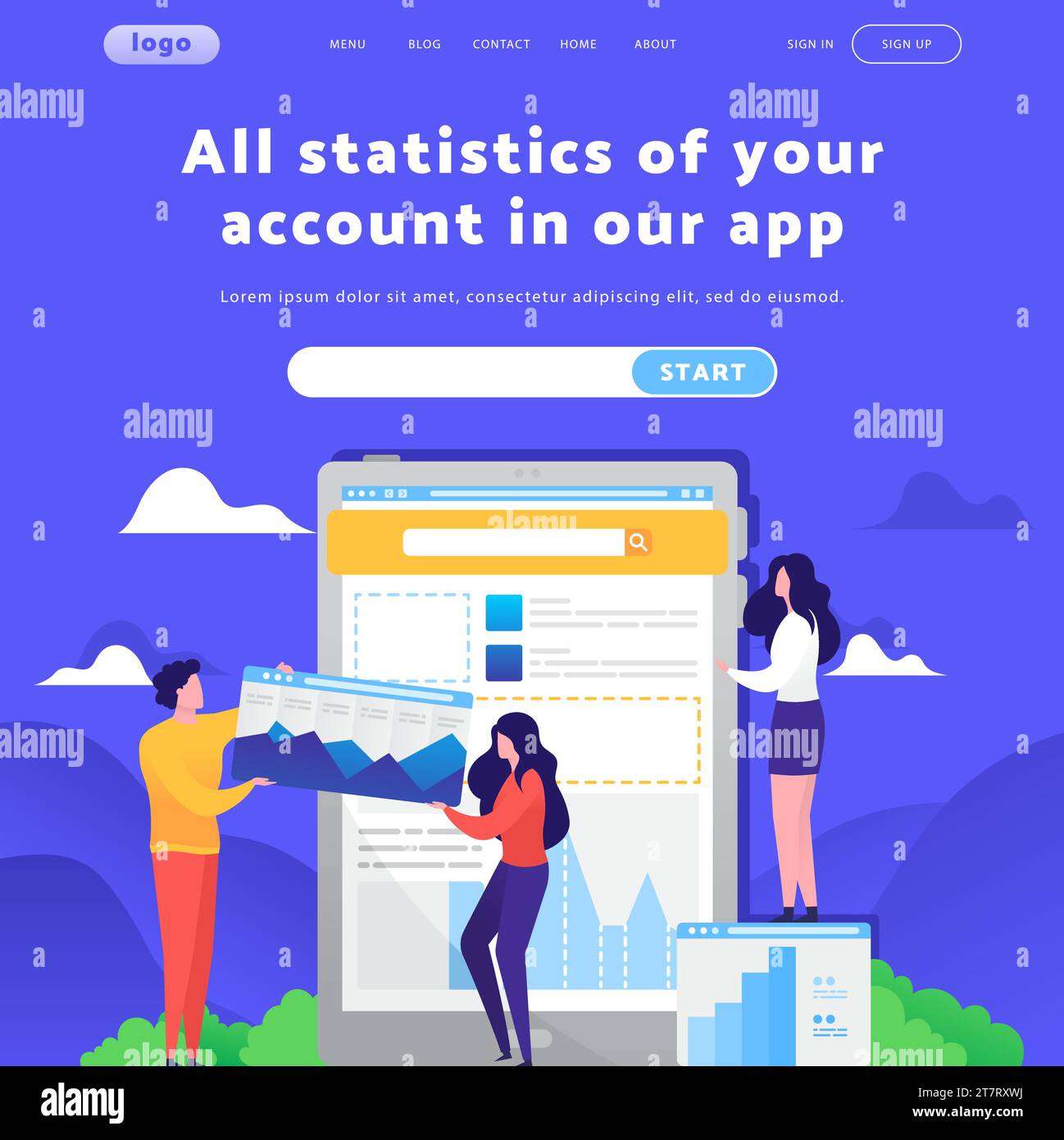 Modèle de conception de site Web de vecteur. Widgets de tableau de bord, mesures de rapport et analyses. Concepts de Landing page pour le développement mobile de sites Web. Plat moderne il Illustration de Vecteur