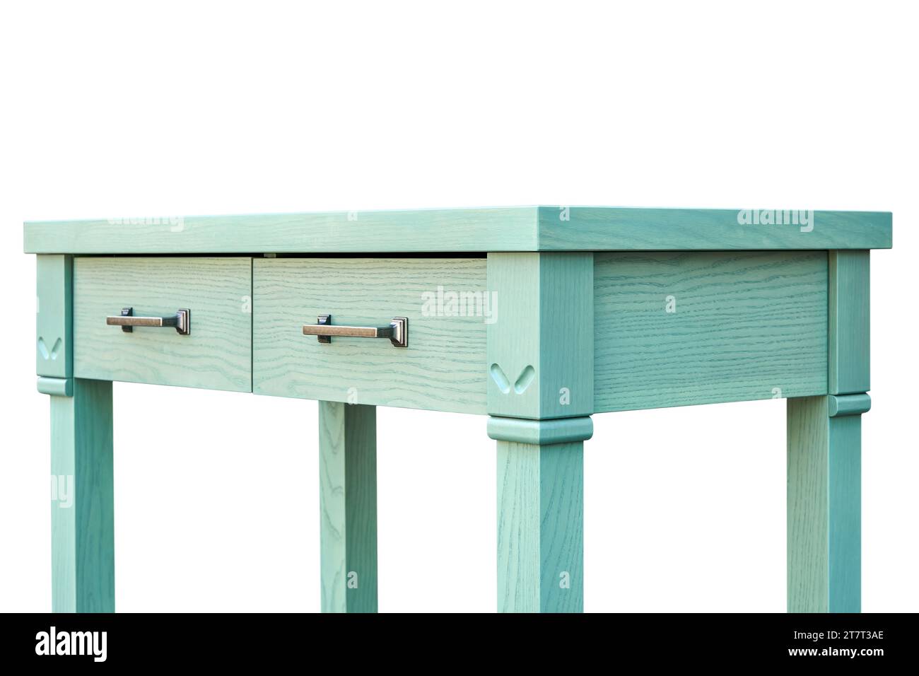 Table de service en bois avec tiroirs et étagères de frêne massif et peinture émaillée verte isolée sur fond blanc closeup Banque D'Images