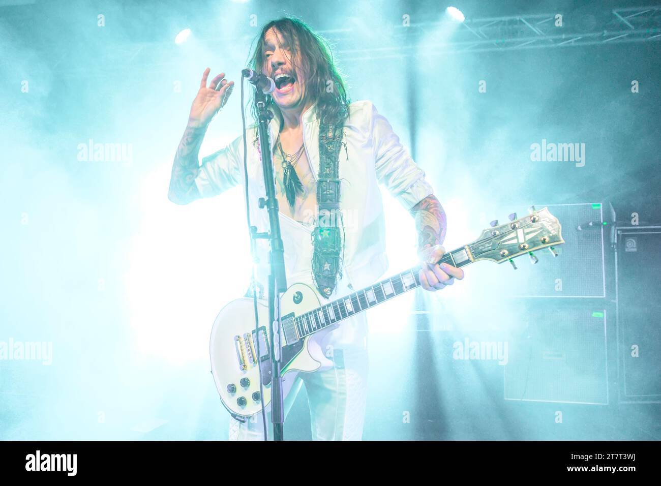 Justin Hawkins du Glam Rock Band The Darkness Banque D'Images