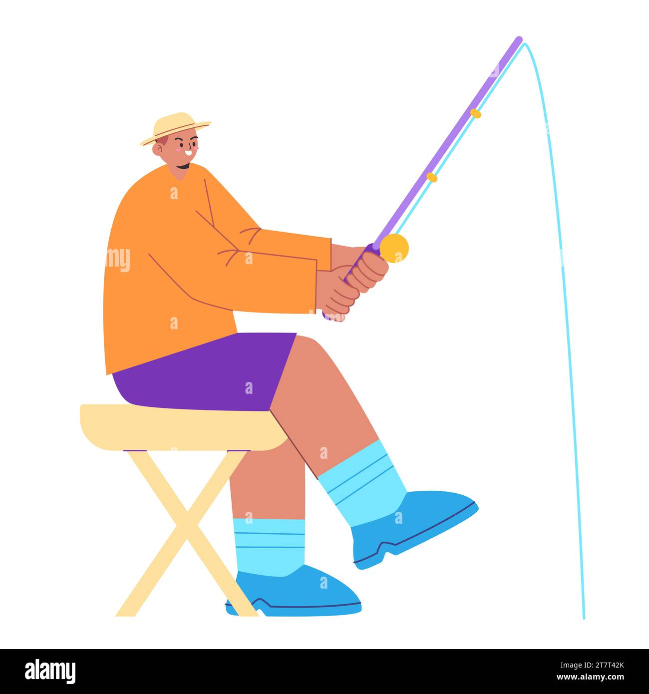 Homme pêcheur pêchant tenant le bâton de canne tout en étant assis à plat illustration colorée Illustration de Vecteur