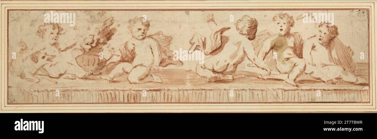 David Teniers d. J. Five putten avec chiens, vase et sons. Craie rouge, lavée de rougeâtre. Endommagé en haut au milieu et sur le côté ; le RE. Déchiré le coin inférieur ; taches brunes sur le deuxième putto de Re. ; Saleté plus légère sur les bords latéraux et Li. en haut Banque D'Images