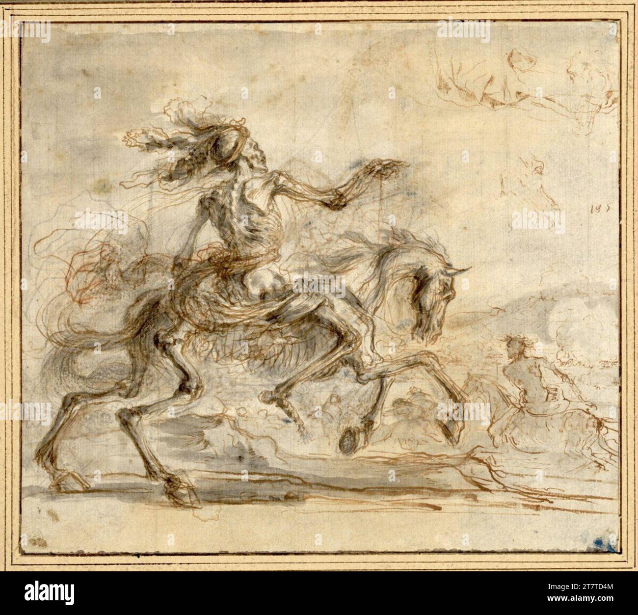 Stefano della Bella Death monte juste au-dessus d'un champ de bataille ; Raub et des études de cheval en haut à droite. FEDER en brun, pinceau, gris et brun lavé, sur stylo noir et rougeâtre, équarrissage avec stylo noir zwischen 1639 und 1650 Banque D'Images